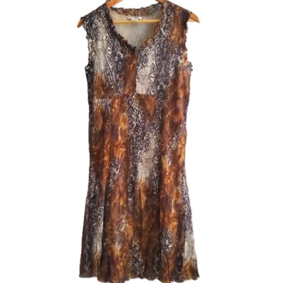 Boho Summer Dress Crushed Pleats Brown Black Brocade Pattern Lightweight Flowy M - Picture 1 of 8